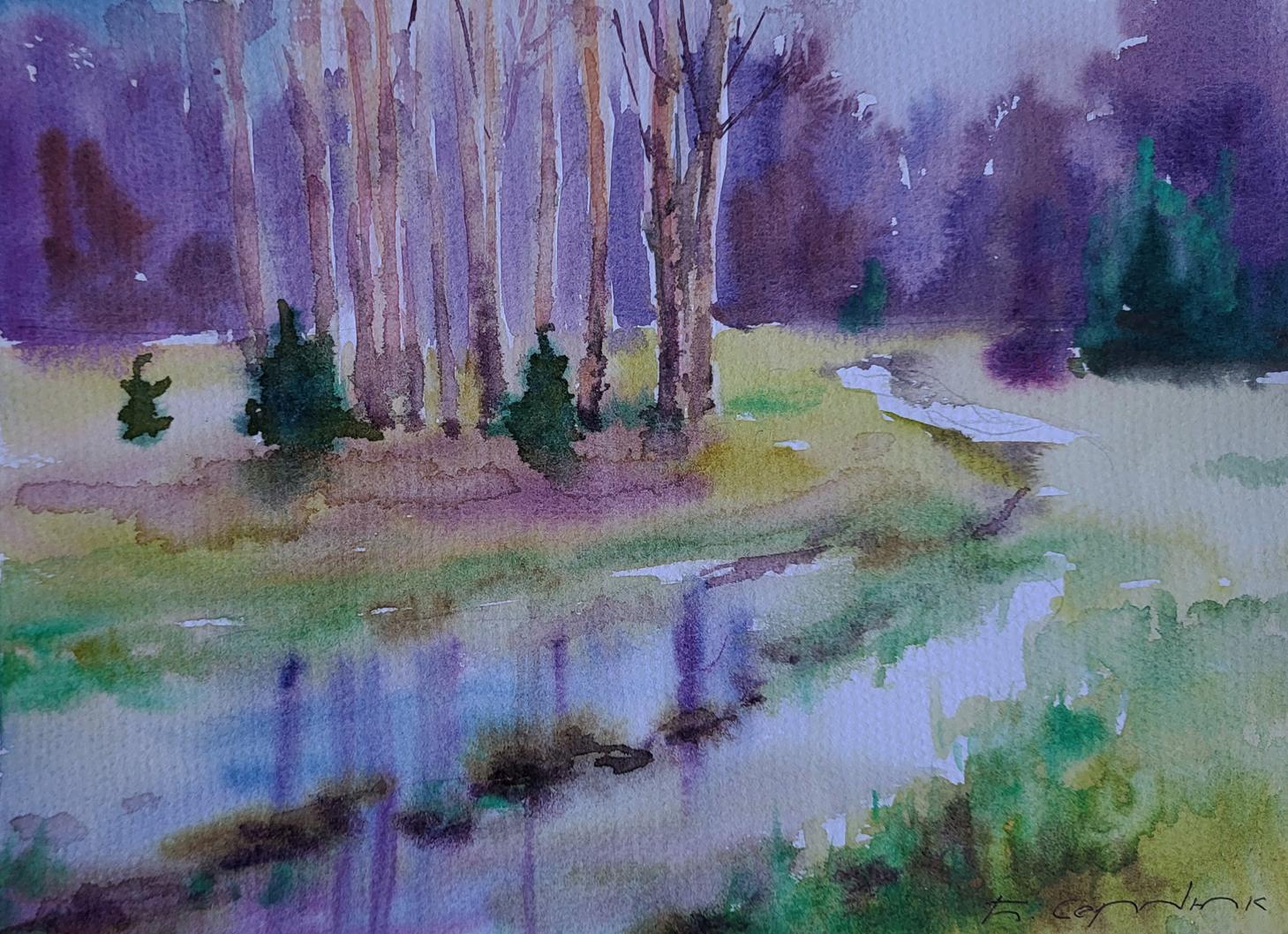 Watercolor Spring Awakens by Boris Serdyuk serene landscape painting