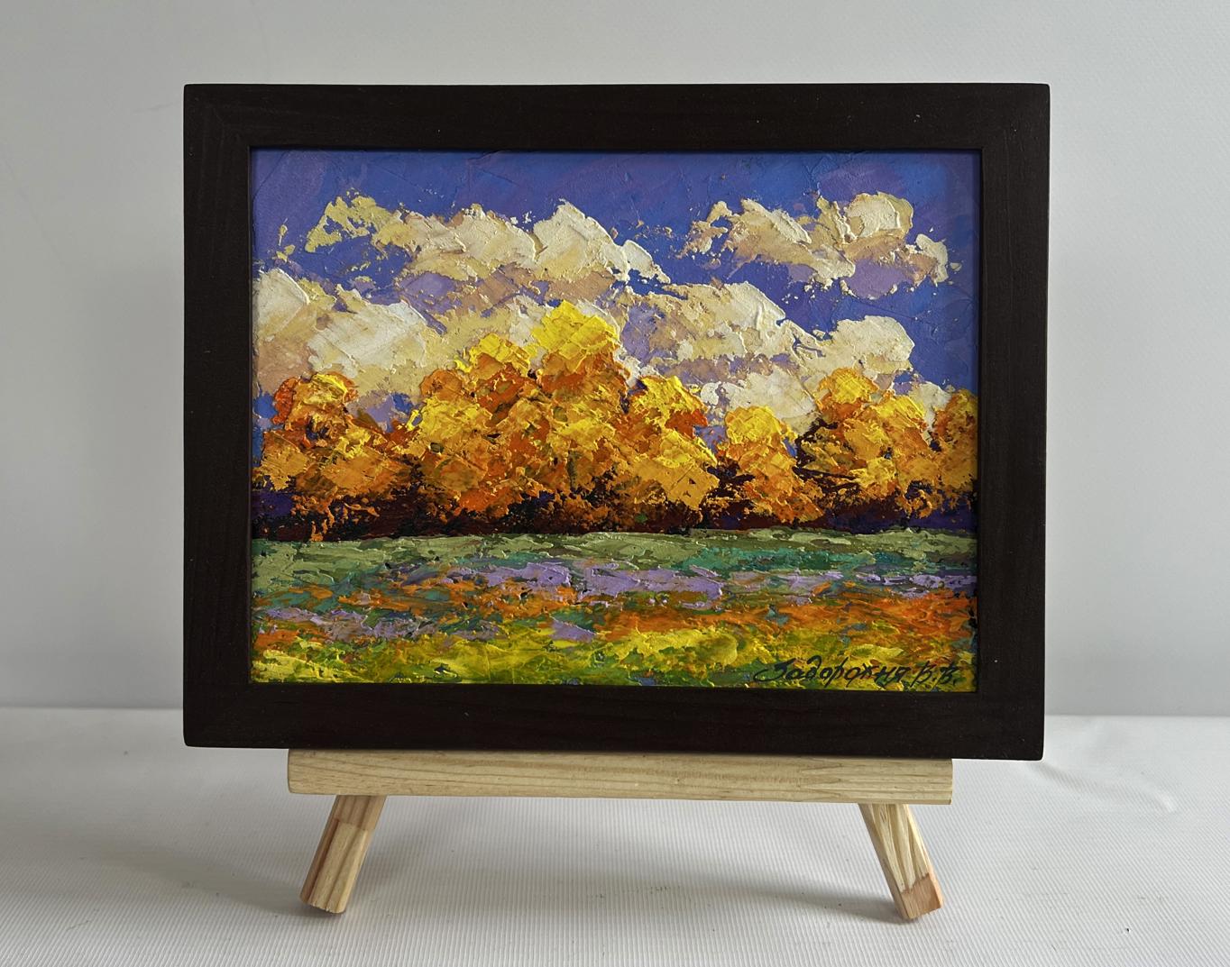 V. Zadorozhnya oil painting of vibrant autumn sunset landscape in wooden frame