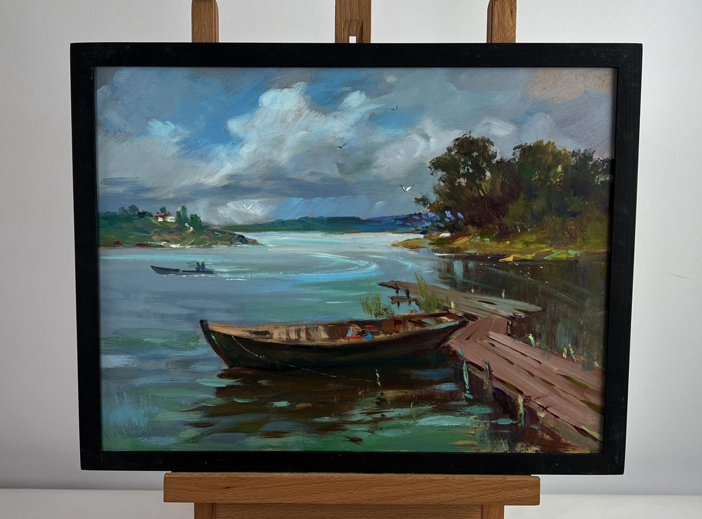Framed oil painting On a long river journey by Yuriy Suprunchuk serene river scene