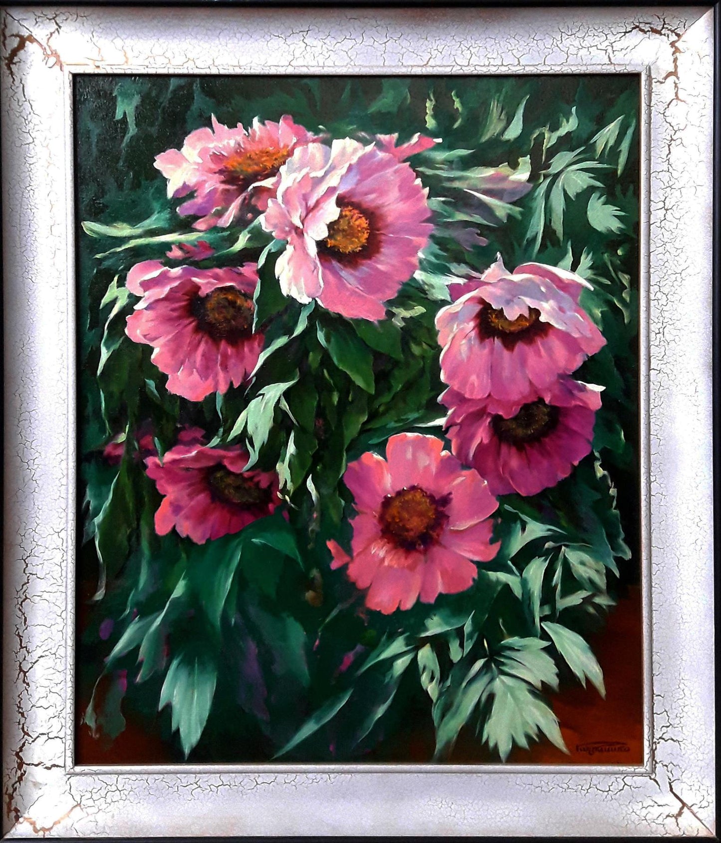 Framed oil painting of pink peonies tree by Vasily Korkishko