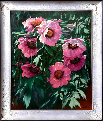 Framed oil painting of pink peonies tree by Vasily Korkishko