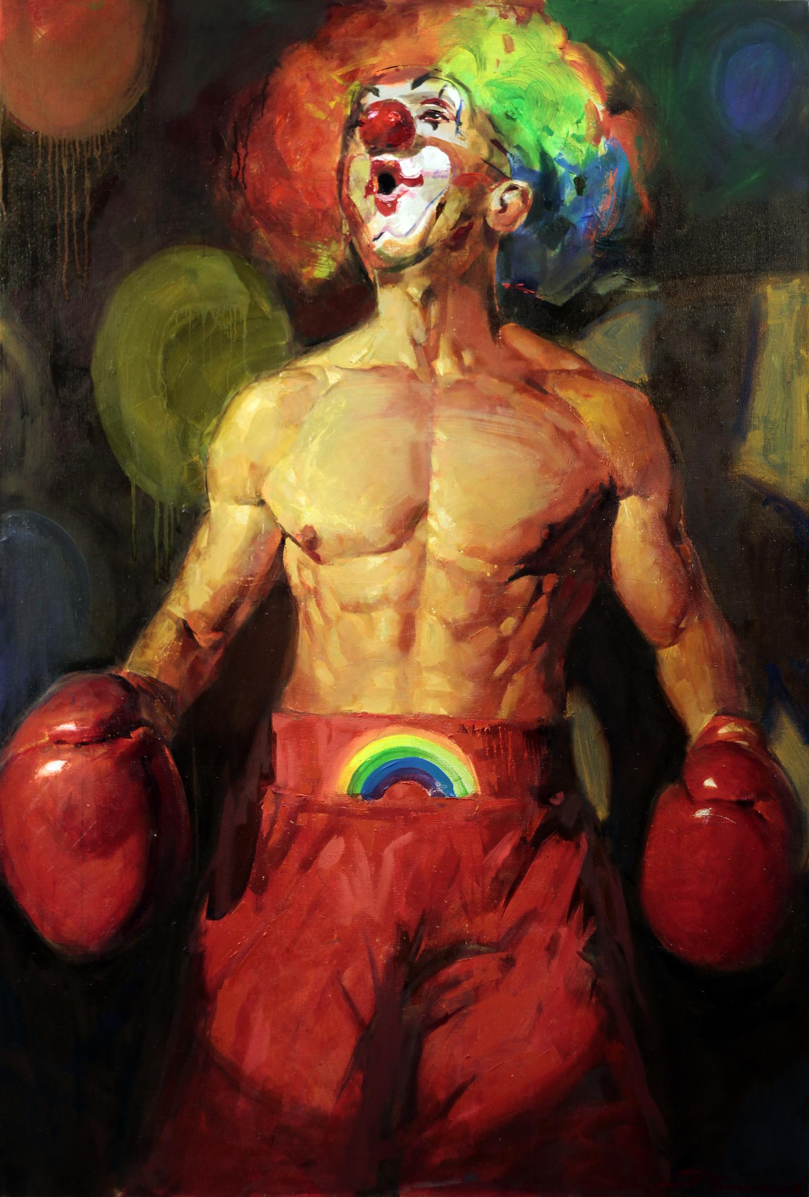 Oil painting of muscular clown boxer Red Clown by Ed Potapenkov