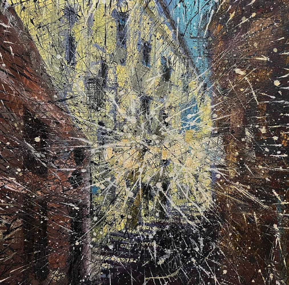 Oil painting Spatial gamet by Serhiy Kovalev with white yellow blue splatters on brown