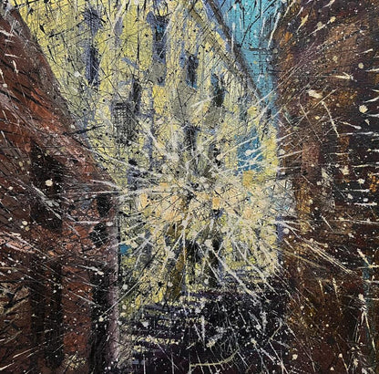 Oil painting Spatial gamet by Serhiy Kovalev with white yellow blue splatters on brown