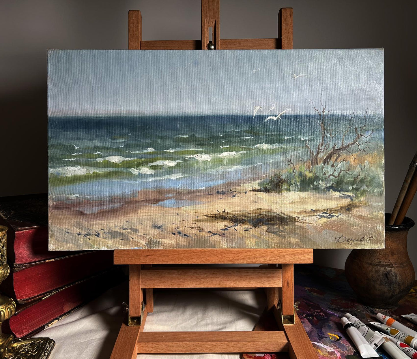 Oil painting Autumn sea breeze by Tatyana Derdey, serene coastal scene