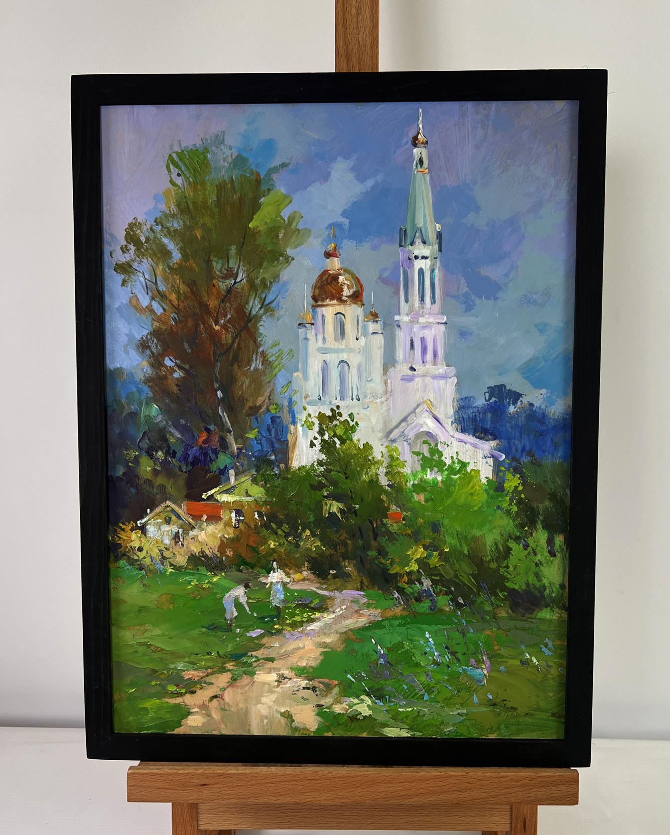 Oil painting of white church with golden domes by Yuri Suprunchuk