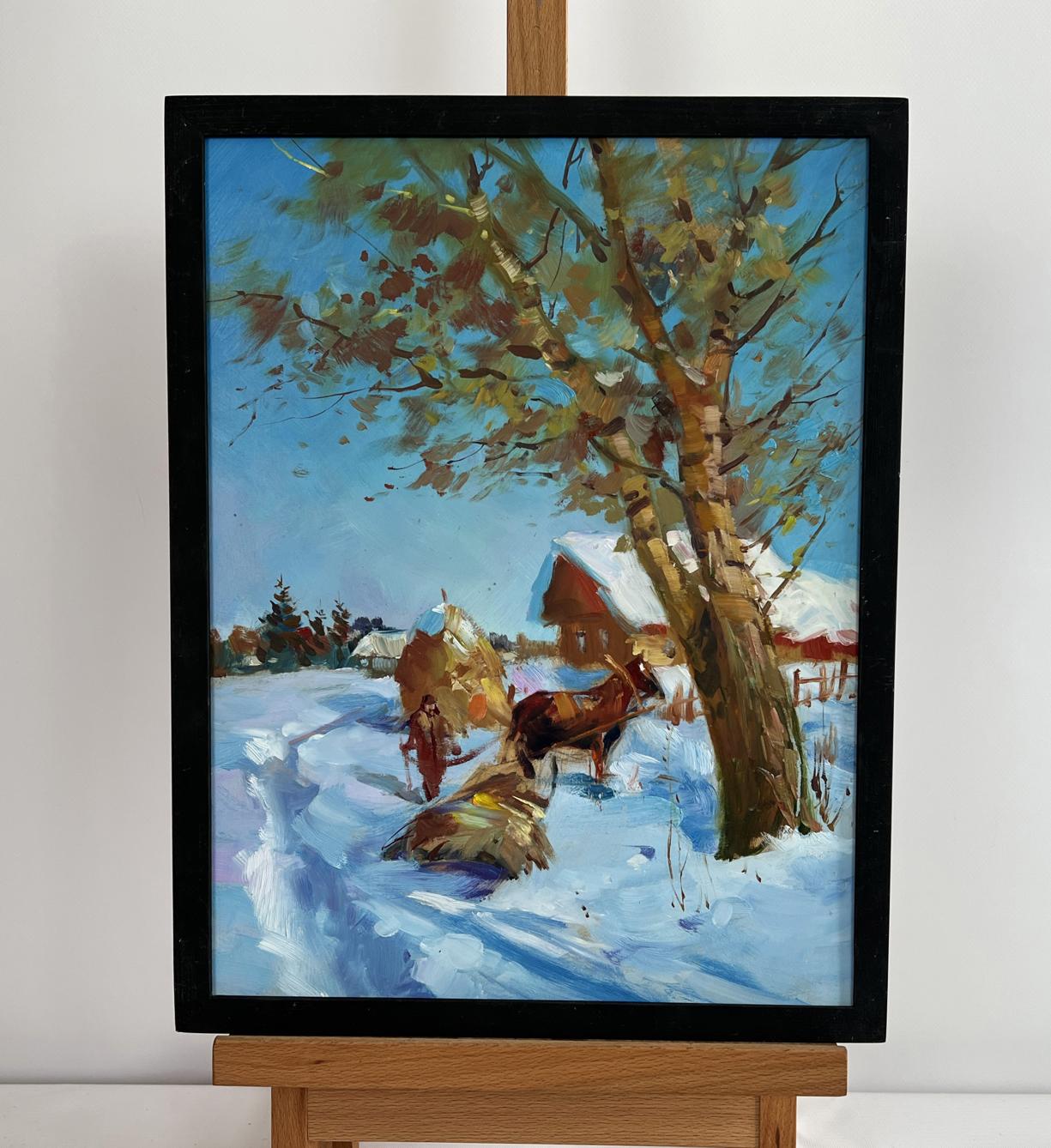 Framed oil painting by Yuriy Suprunchuk: Loading hay in snowy winter landscape