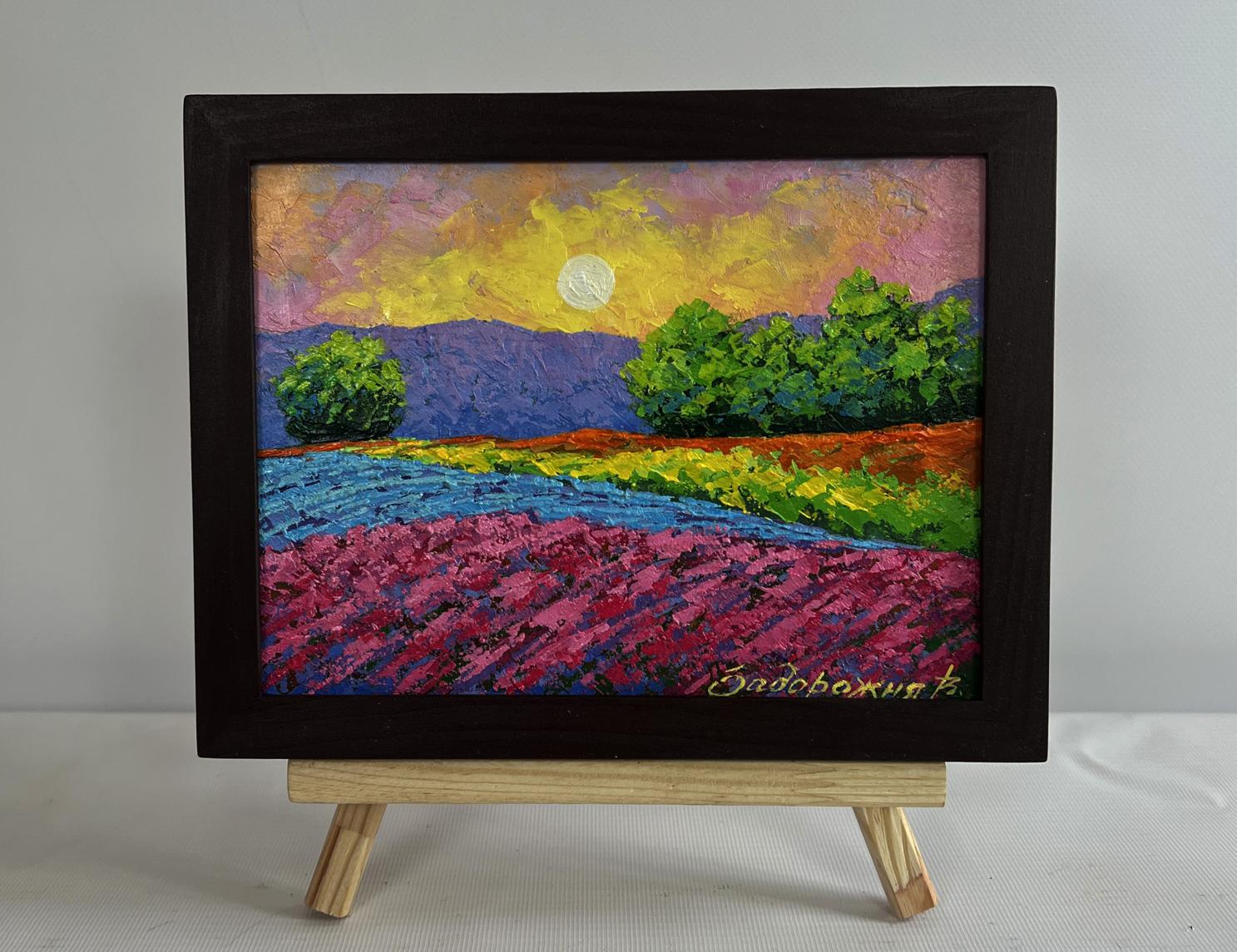 Vibrant oil painting of lavender field in sunset glow by V. Zadorozhnya, framed