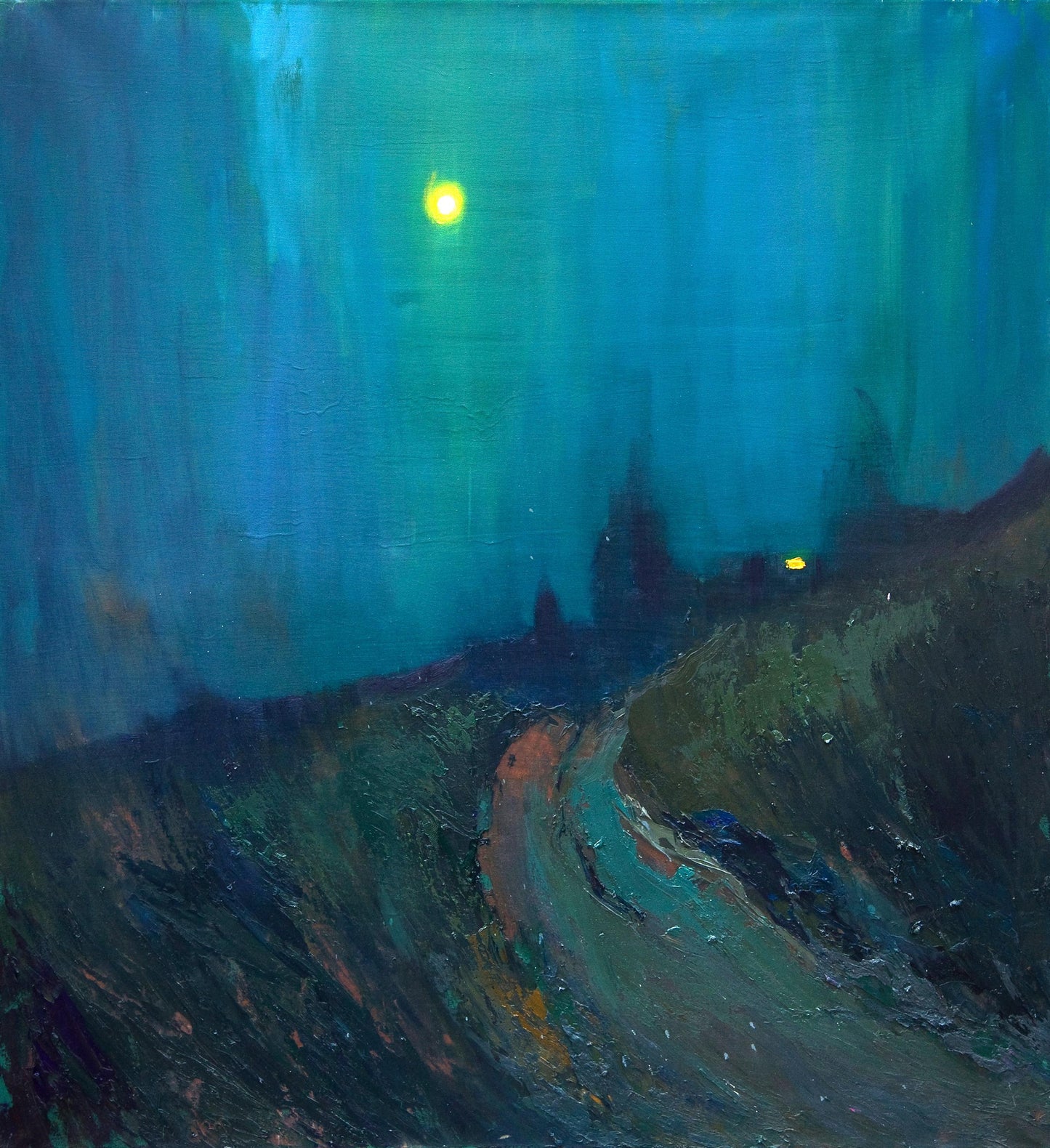 Surreal coastal oil painting by Natalia Korf-Ivaniuk under glowing yellow moon