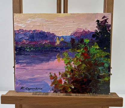 Oil painting The Temple by the River by Boris Serdyuk lakeside sunset