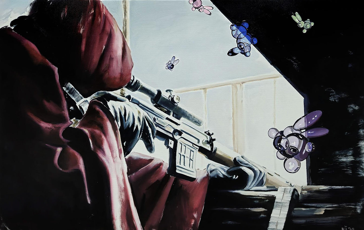 Oil painting Approaching Danger by Igor Konovalov: sniper in red hooded cloak aims rifle