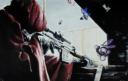 Oil painting Approaching Danger by Igor Konovalov: sniper in red hooded cloak aims rifle
