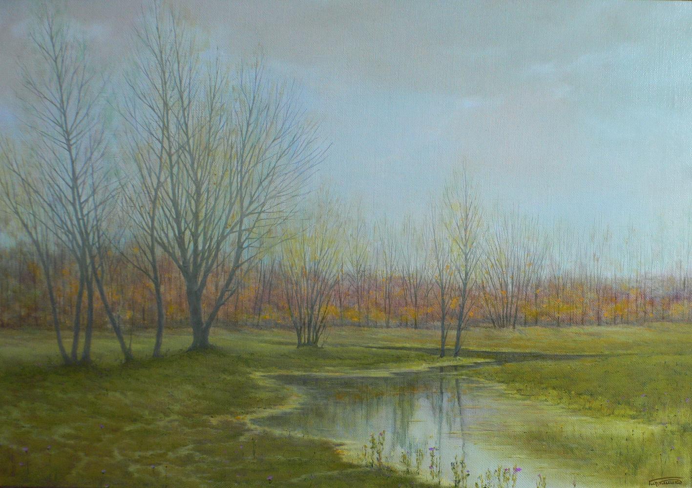Serene autumn oil painting by Vasily Korkishko with bare trees and pond