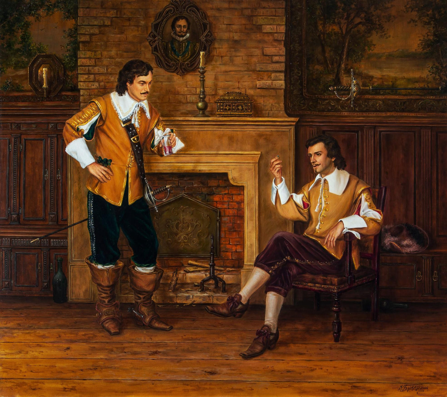 Oil painting Ring of Athos by Valeriy Bulat: two men by fireplace