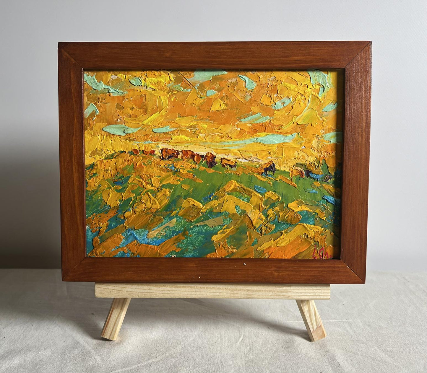 Oil painting Yellow sunset in the field by Oleksiy Ivanyuk in brown frame