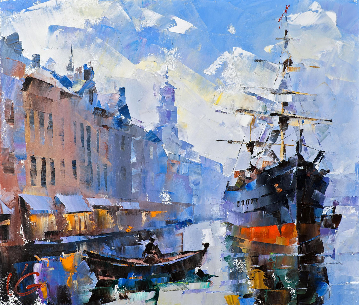 Oil painting Channel of Calm by Volodymyr Gluhomanyuk: dark ship, orange accents, mountains