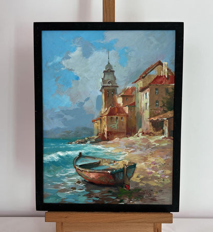 Oil painting of quiet pier near city by Yuriy Suprunchuk