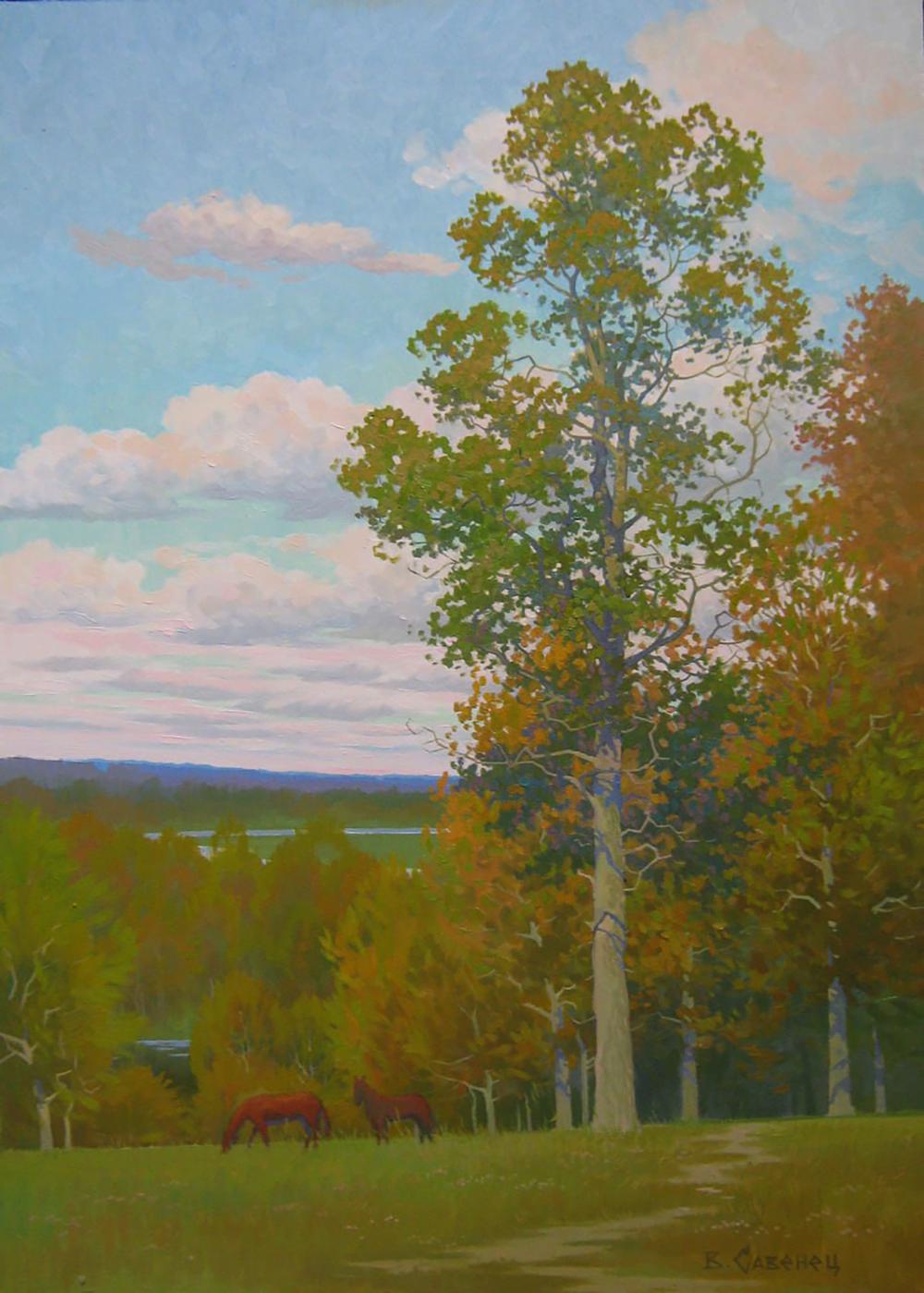 Oil painting of autumn meadows with horses by Valery Savenets, tall tree foreground