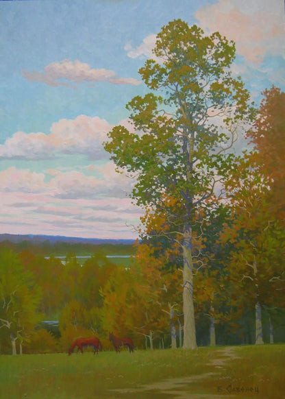 Oil painting of autumn meadows with horses by Valery Savenets, tall tree foreground