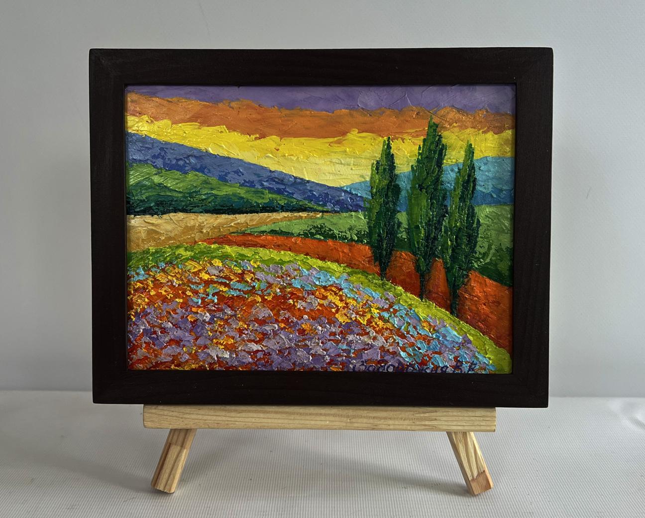 Oil painting of flower fields sunset by V. Zadorozhnya in black frame