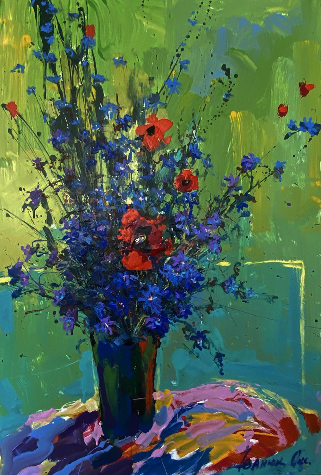 Oil painting Floral morning by Oksana Ivanyuk: vibrant blue and red wildflowers in dark green vase