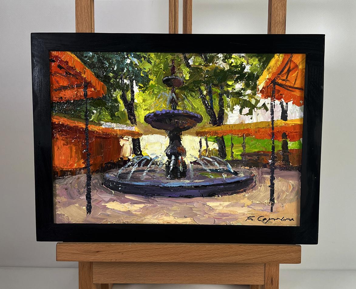 Oil painting Fountain in the city park by Boris Serdyuk in black frame