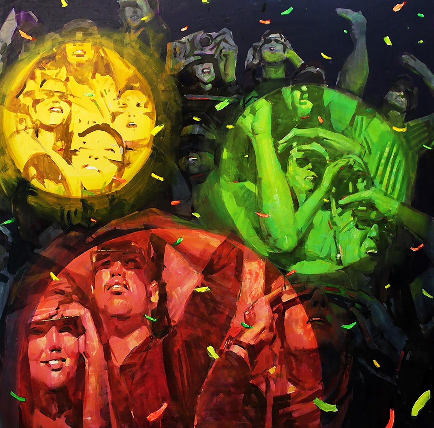Vibrant Show Forever oil painting by Ed Potapenkov with glowing orbs and faces