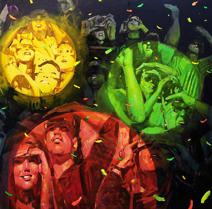 Vibrant Show Forever oil painting by Ed Potapenkov with glowing orbs and faces