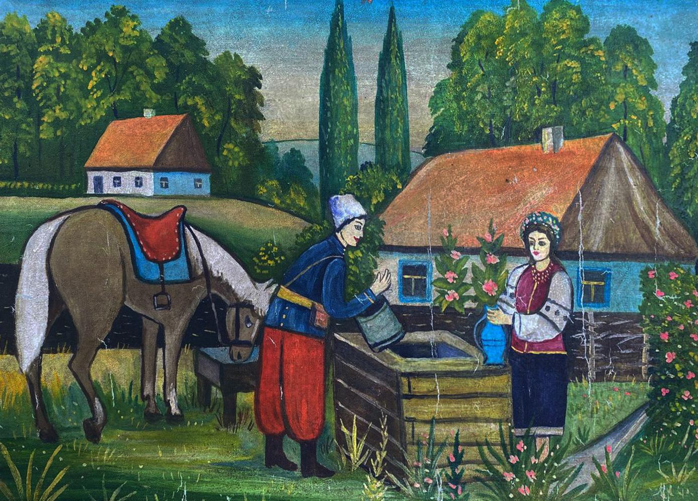 Oil painting of girl and guy near rustic wooden well by unknown artist