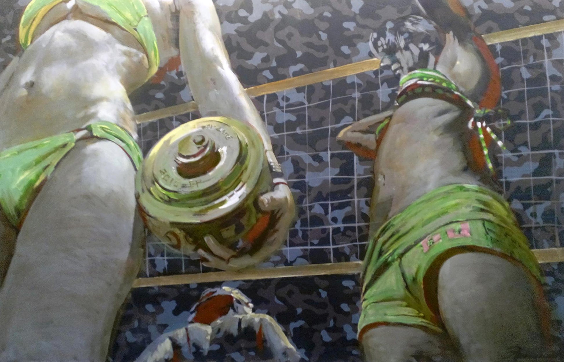 Shiny gold dumbbell with green straps in Oil painting In game Ed Potapenkov
