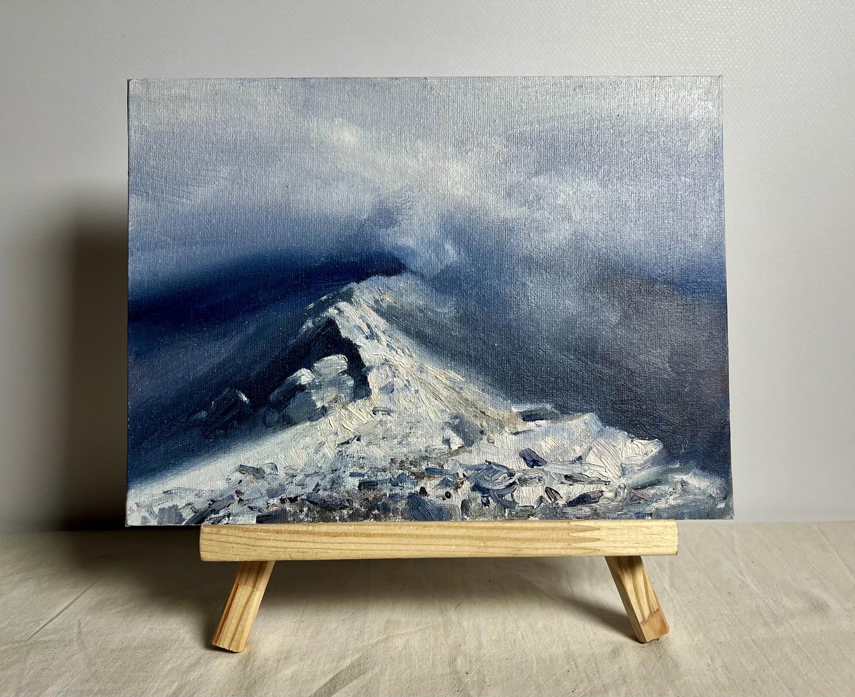 Oil painting Snow storm in the mountains by Tatyana Derdey, snowy peak under stormy skies