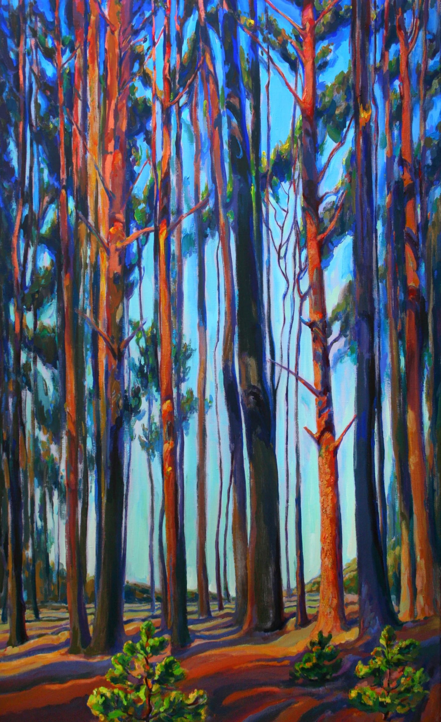 Vibrant acrylic painting of pine forest in summer by Leonid Pavlenko
