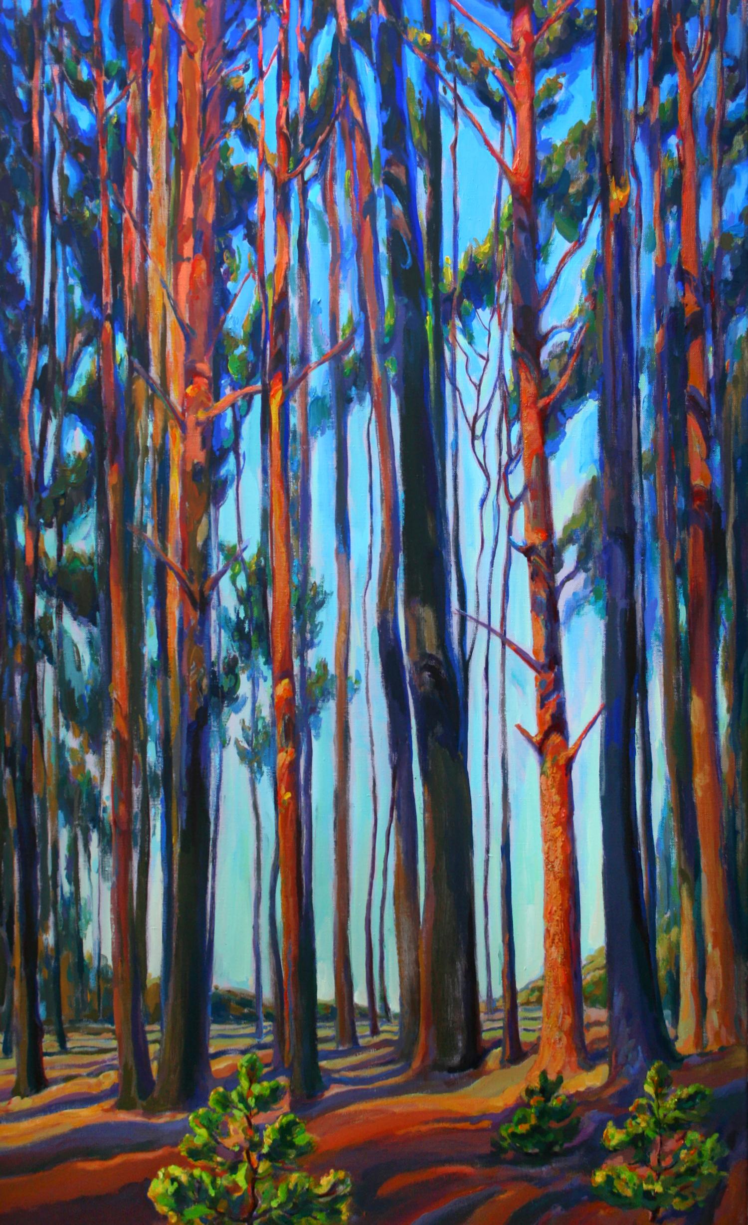 Vibrant acrylic painting of pine forest in summer by Leonid Pavlenko