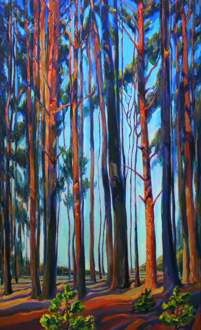 Vibrant acrylic painting of pine forest in summer by Leonid Pavlenko
