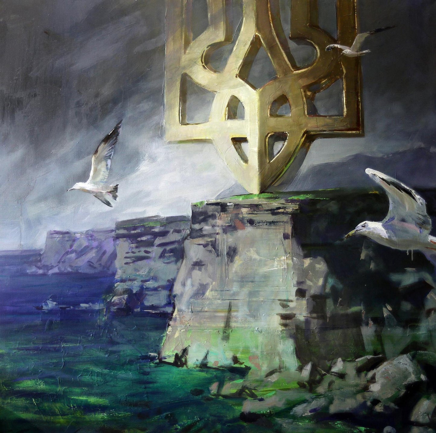 Golden Ukrainian trident emblem on weathered stone pedestal, Ed Potapenkov oil painting