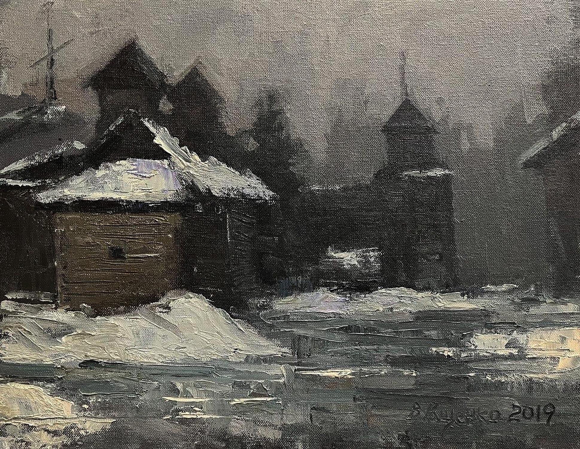 Oil painting Swedish grave by Volodymyr Pashchenko snowy village scene