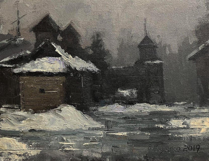 Oil painting Swedish grave by Volodymyr Pashchenko snowy village scene