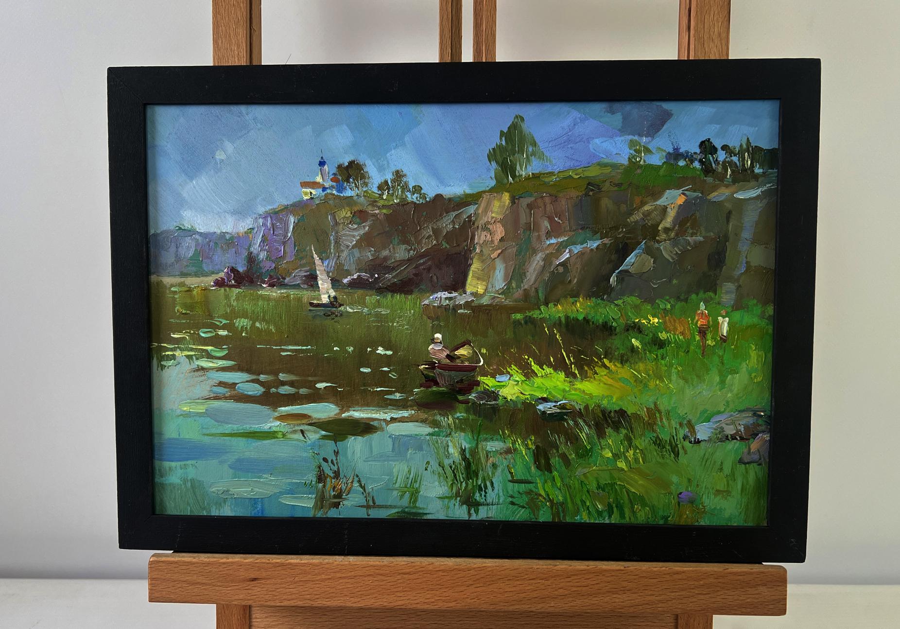 Black-framed oil painting of river through rocky cliffs by Yuriy Suprunchuk