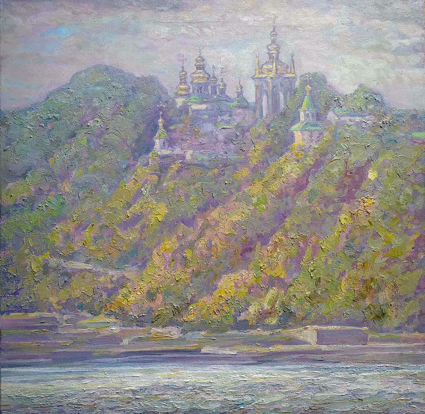 Oil painting View of the Lavra by Leonid Pavlenko: historic church with golden domes on autumn hillside