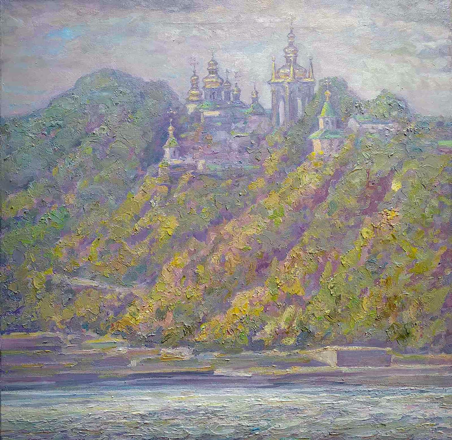 Oil painting View of the Lavra by Leonid Pavlenko: historic church with golden domes on autumn hillside