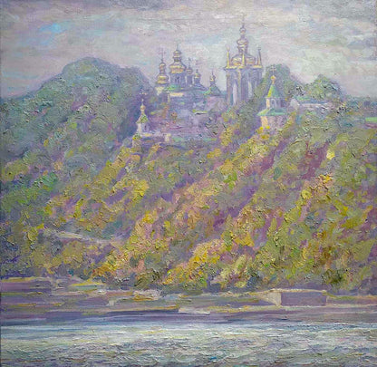 Oil painting View of the Lavra by Leonid Pavlenko: historic church with golden domes on autumn hillside