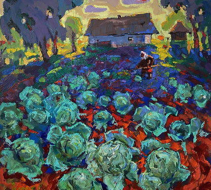 Vibrant teal cabbages in Oleksiy Ivanyuk oil painting, soft evening light