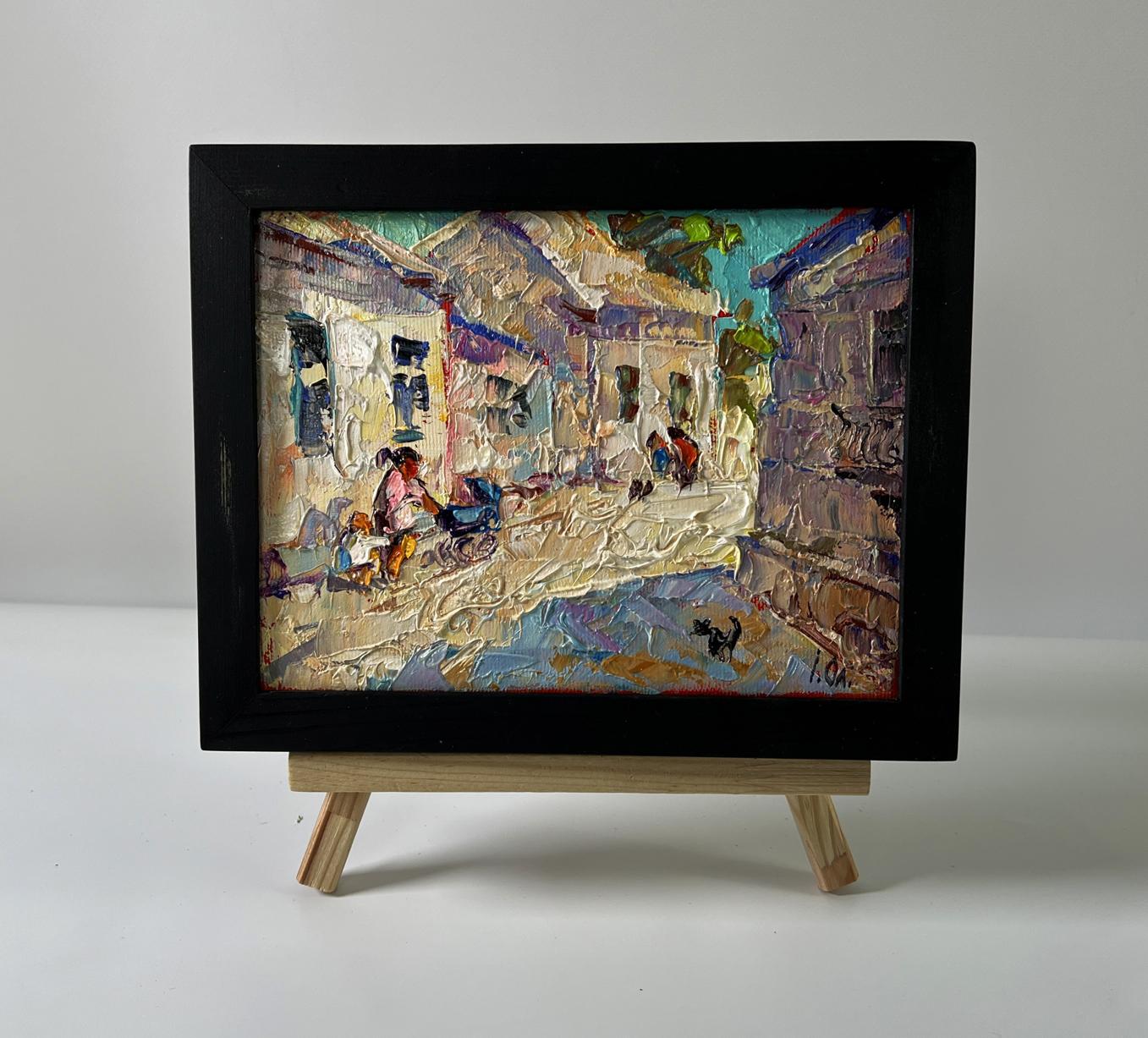 Oil painting Busy city street by Oleksiy Ivanyuk, sunlit scene