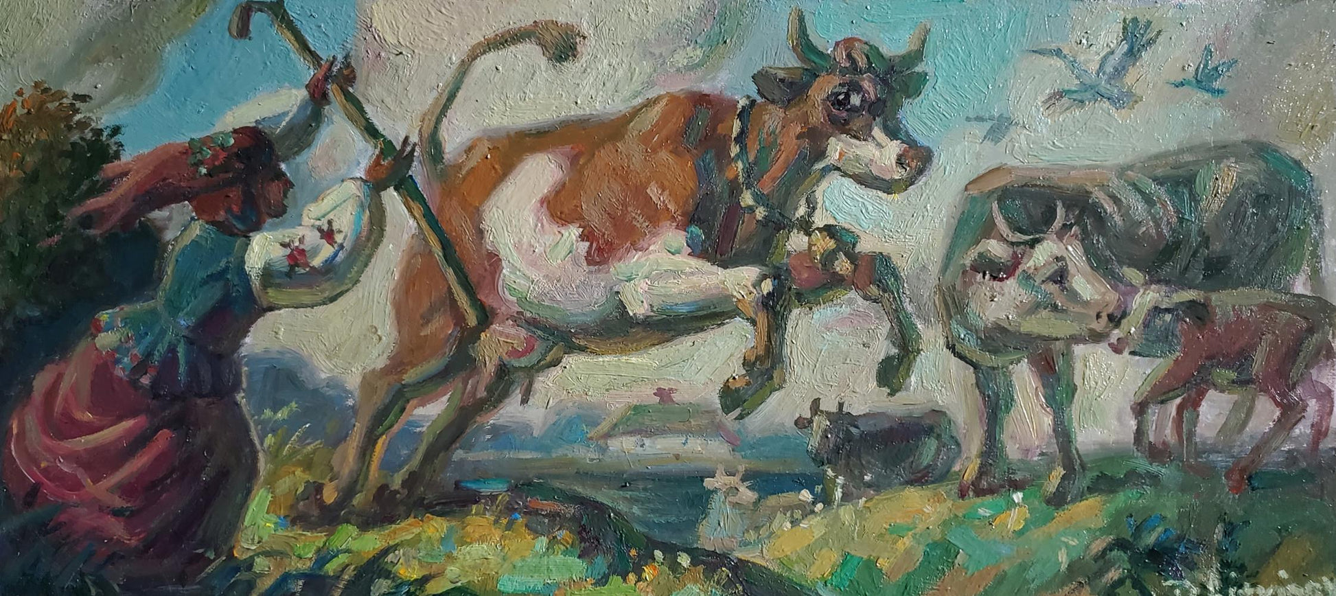 Vibrant oil painting A country summer day by Daniil Litvinov with cows