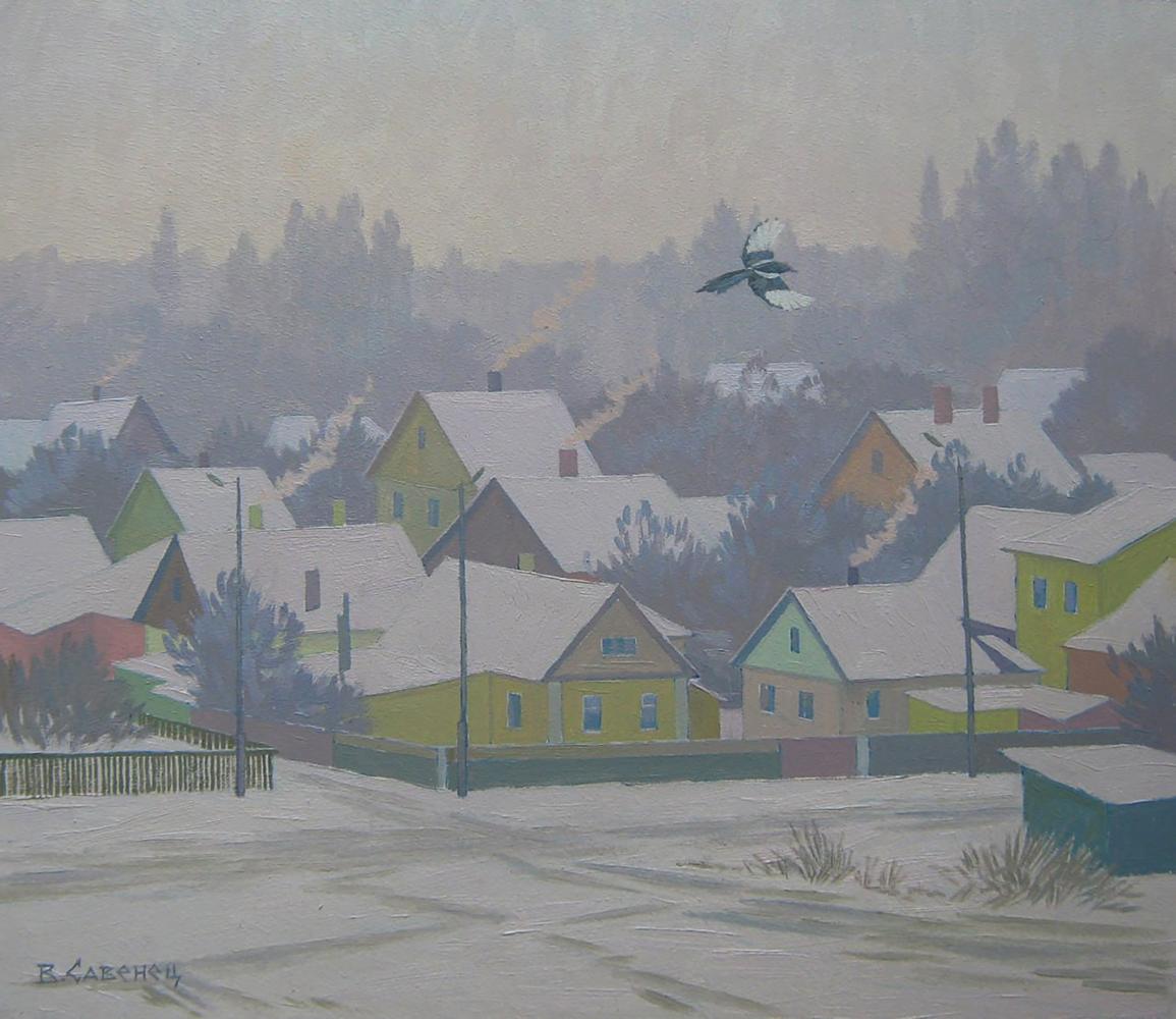 Oil painting of snowy winter village by Valery Savenets