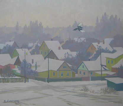Oil painting of snowy winter village by Valery Savenets