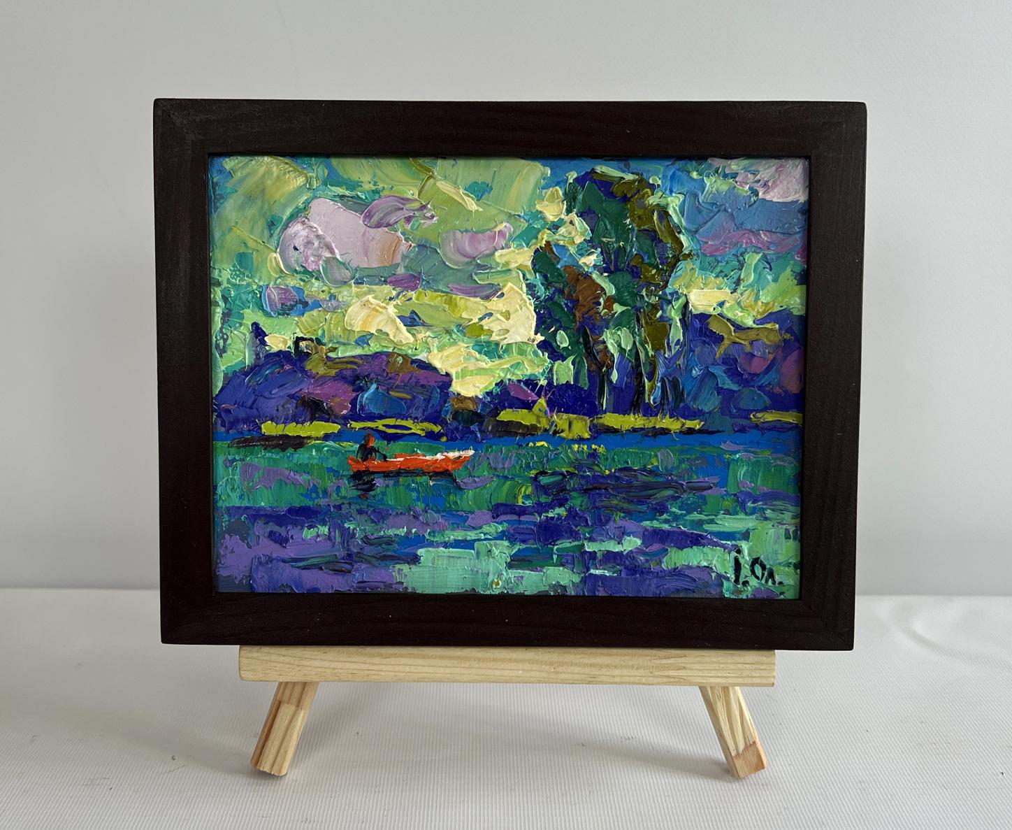 Oil painting of river and yellow sunset by Oleksiy Ivanyuk in wooden frame