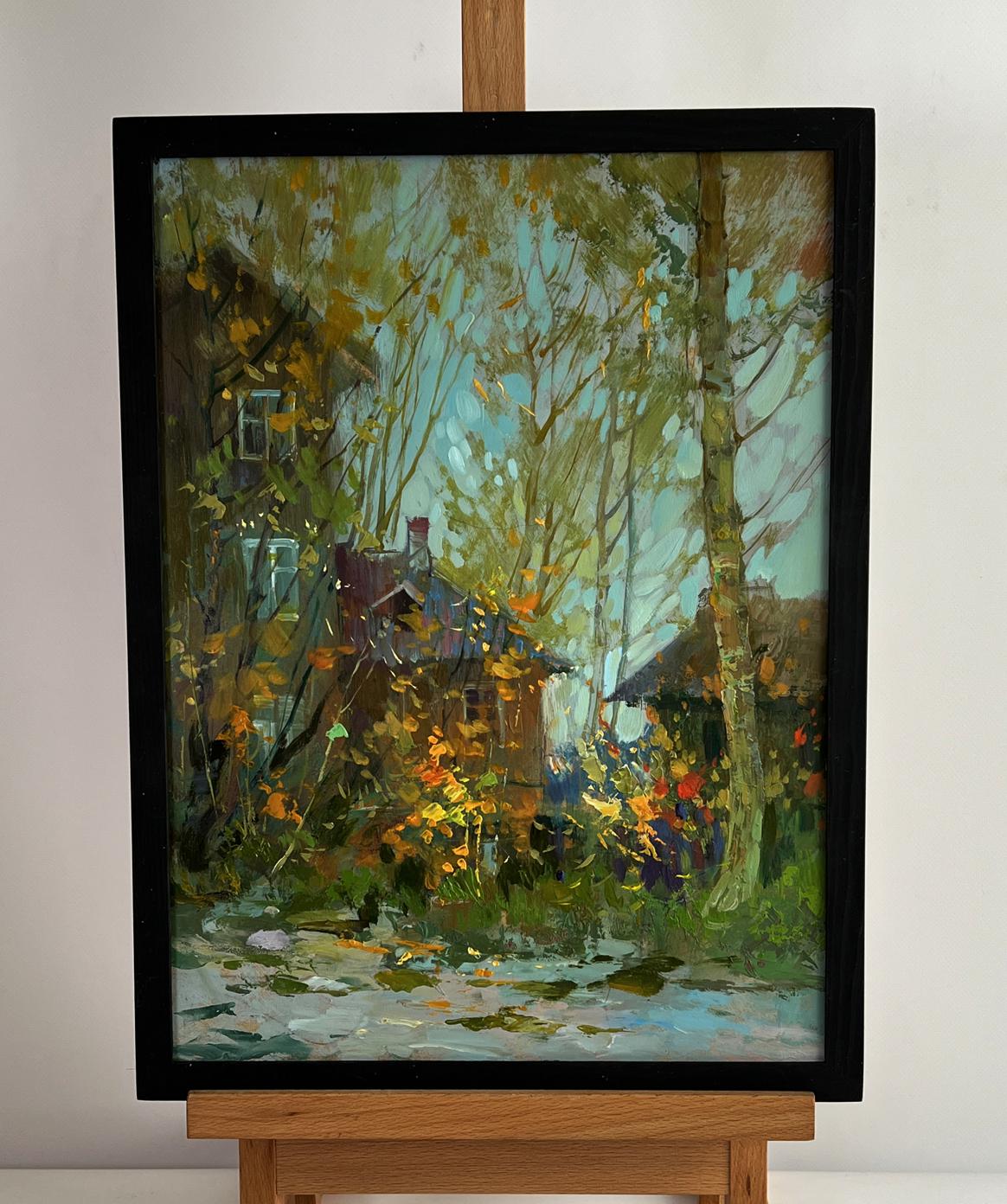 Oil painting Autumn old town street by Yuriy Suprunchuk in black frame