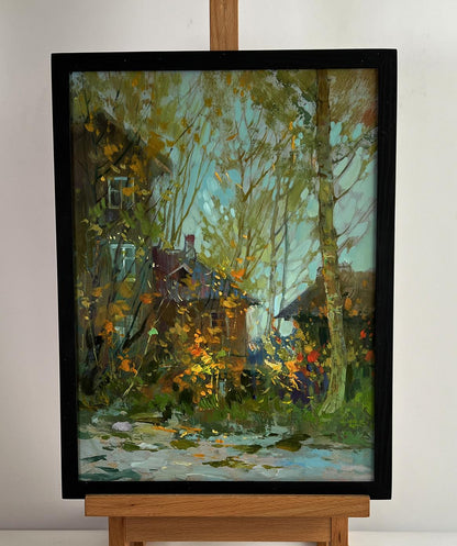 Oil painting Autumn old town street by Yuriy Suprunchuk in black frame