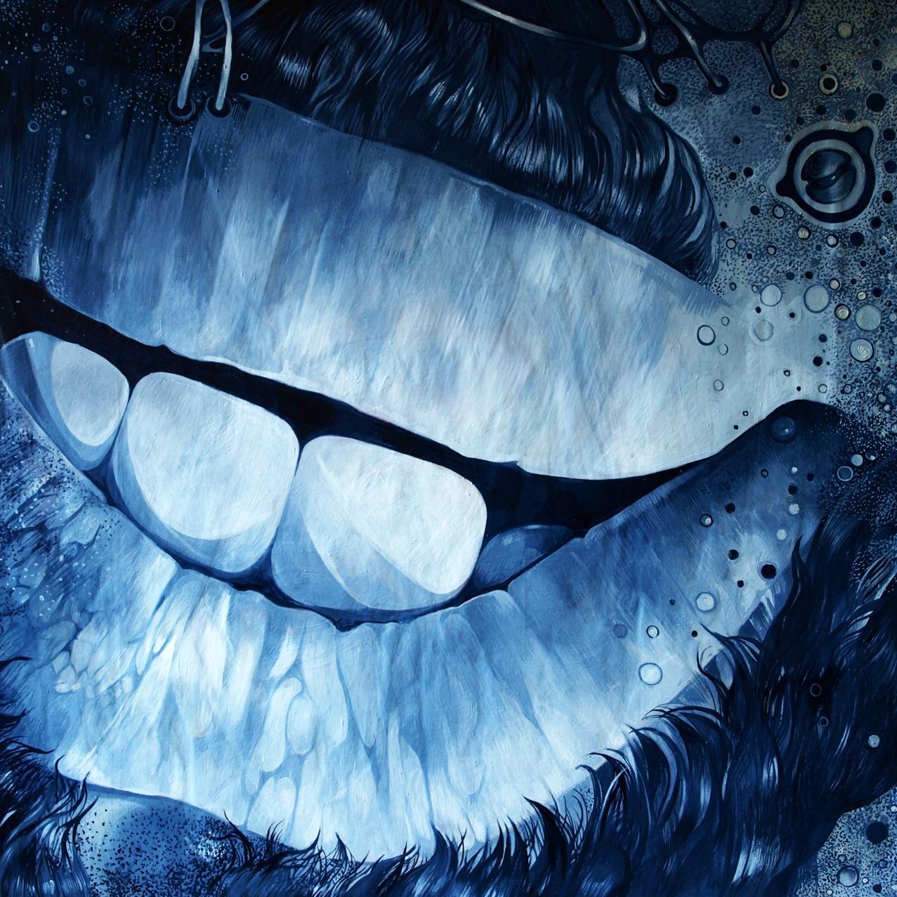 Striking blue oil painting of wide toothy grin by Konsta G. Amelinn